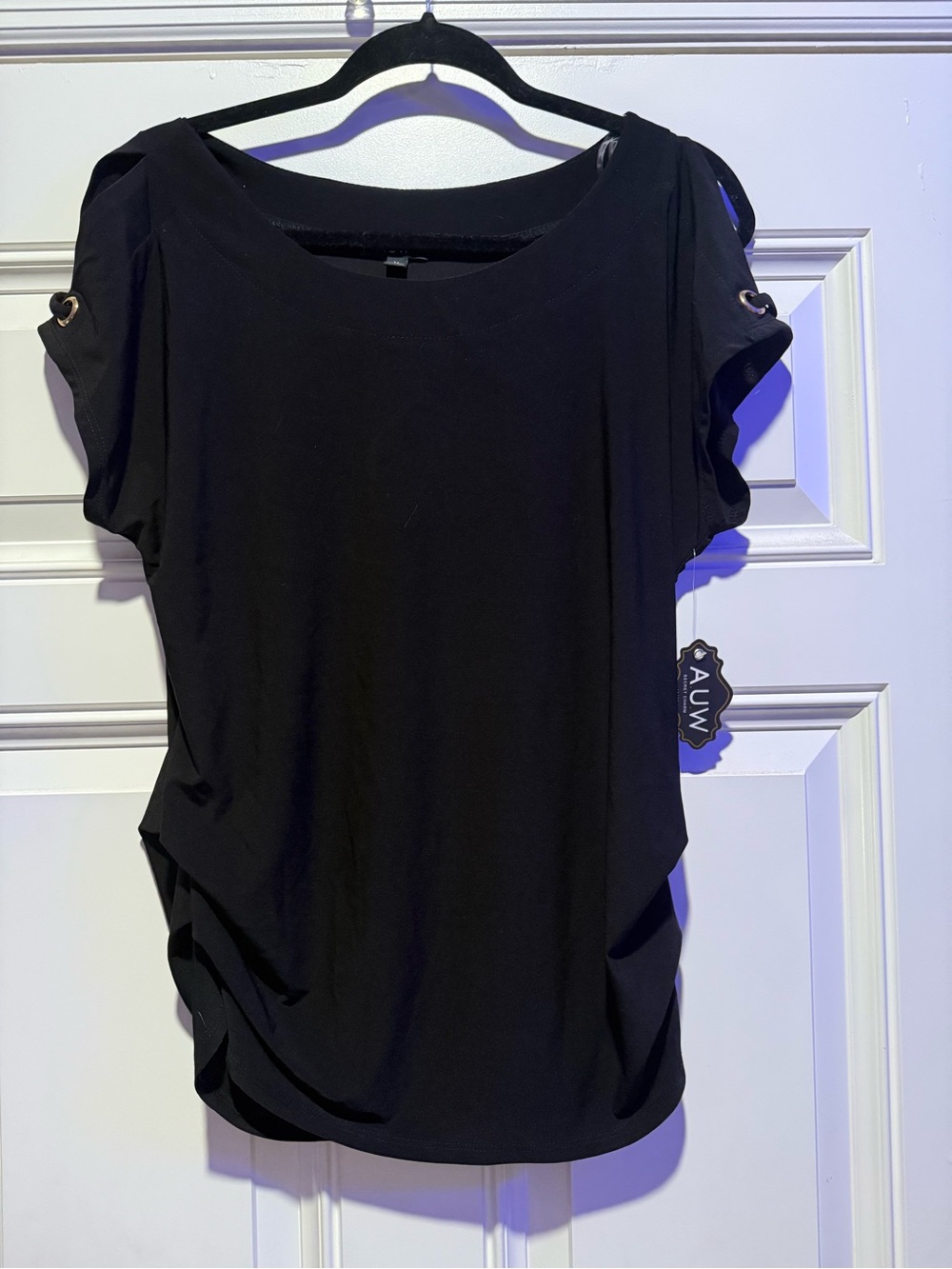 AUW As U Wish Black Cold Shoulder Ruched Side Blouse Top Medium